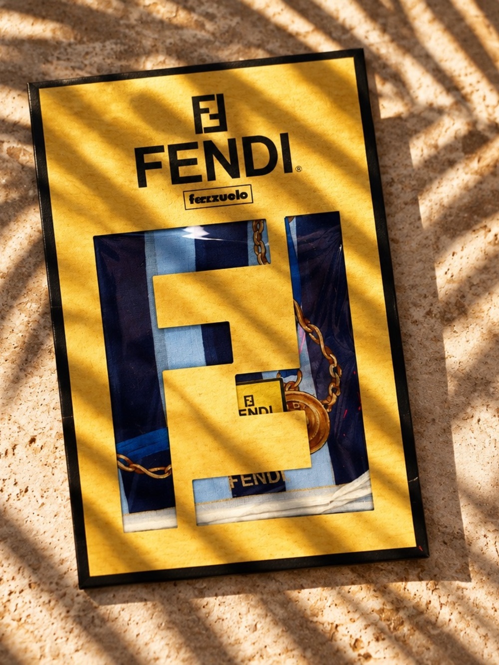Fendi Blue and Gold Chain Motif 100% Cotton Handkerchief
